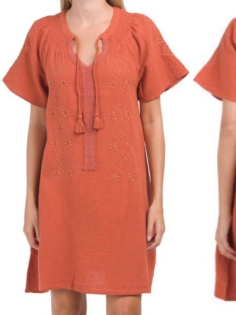 Lucky Brand Womens Dress Sz XS Short Sleeve Cotton Shirtdress Brown Embroidered